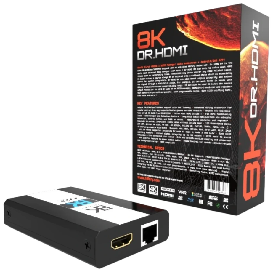Back of the DR HDMI 8K box with its printed feature list and specs, beside the unit's HDMI OUT and RJ45 side