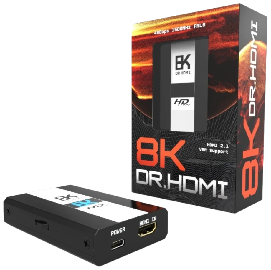 Front of the DR HDMI 8K box marked 48Gbps 1500MHz FRL6, beside the unit's POWER and HDMI IN side